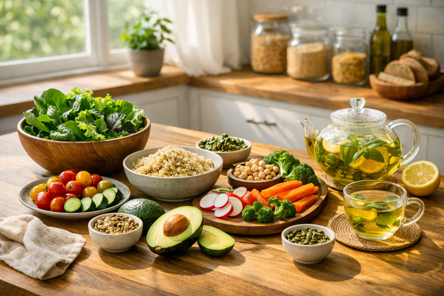 A bright modern kitchen scene with a wooden table set with fresh vegetables, whole grains, leafy greens, avocado, and herbal tea, soft natural morning light coming through window, calm wellness atmosphere, lifestyle photography style