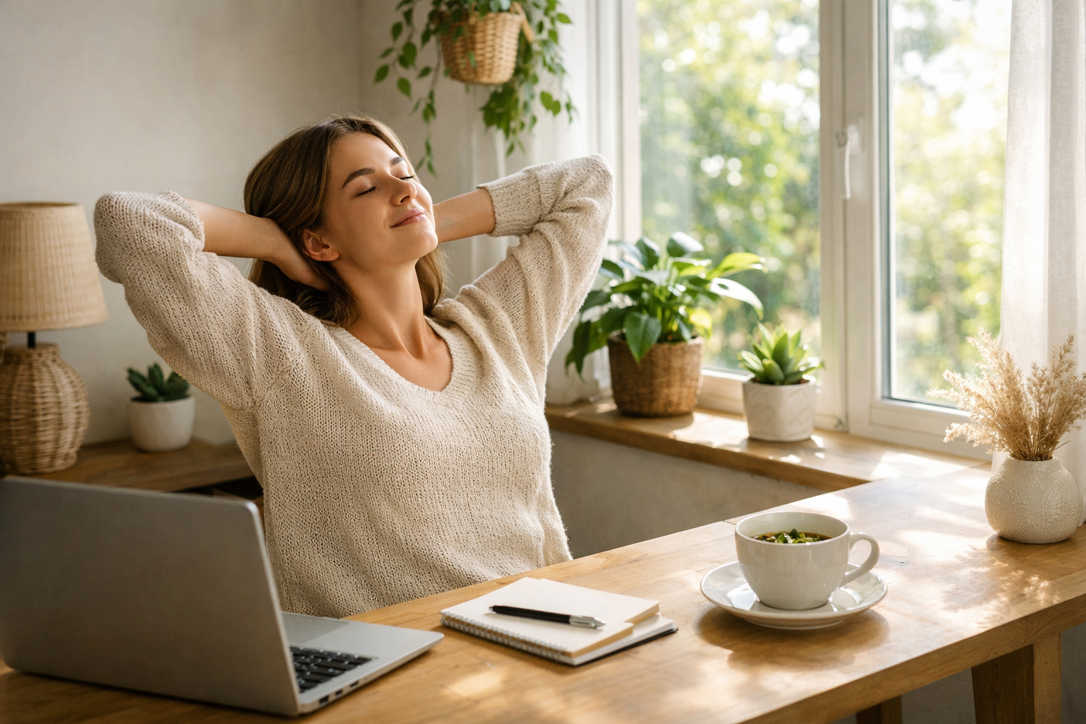 A person sitting at a minimal wooden desk by a window with plants, taking a mindful break, stretching gently, cup of herbal tea nearby, bright natural light, peaceful work environment, wellness lifestyle photography